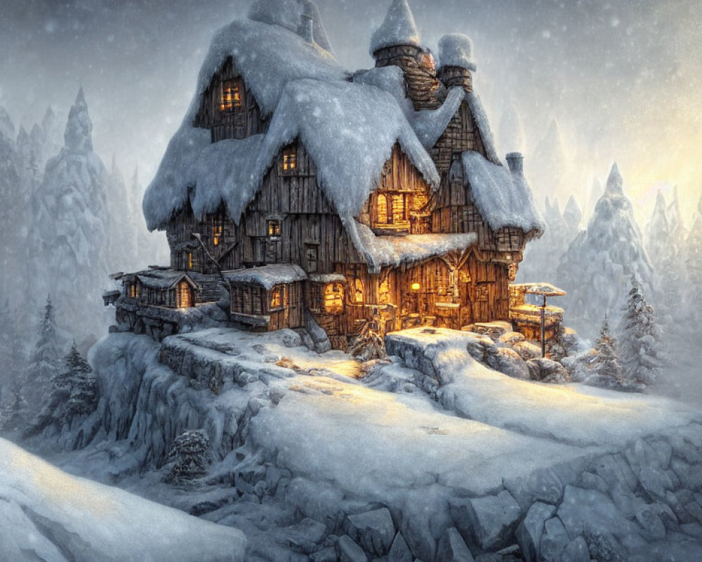 Snow-covered illuminated multi-story cottage in twilight forest setting