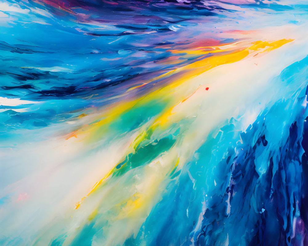 Colorful Abstract Painting with Dynamic Blue, Yellow, Pink, and White Strokes