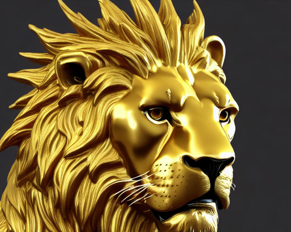 Golden lion head sculpture with flowing mane on dark background