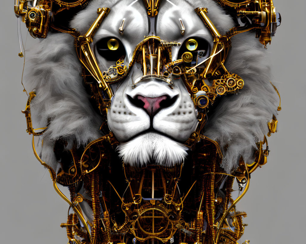 Detailed futuristic lion with mechanical headpiece on neutral background