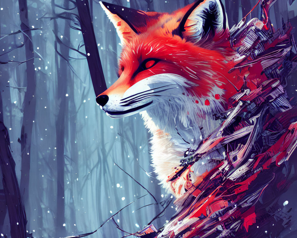 Red Fox in Snowy Forest: Vibrant Illustration with Wooden Branches