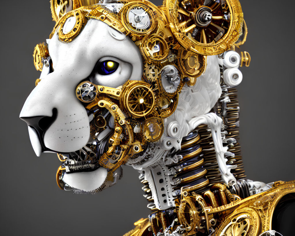 Mechanical lion with steampunk-style gold and silver gears and cogs
