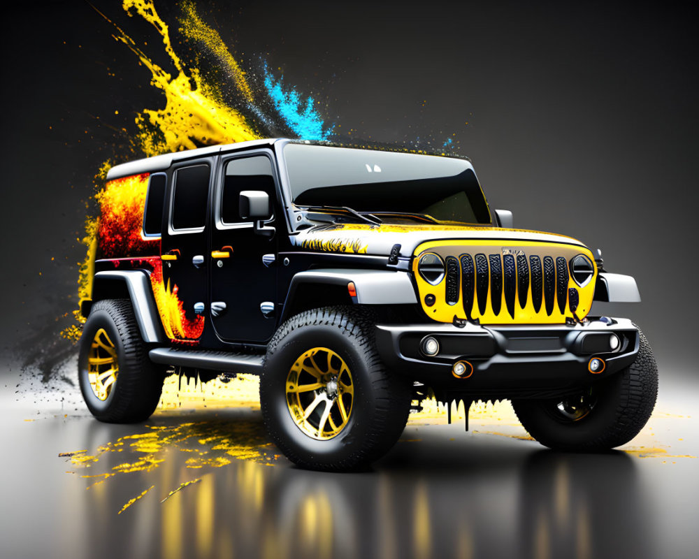 Dynamic Black and Yellow Jeep with Paint Splash Effects