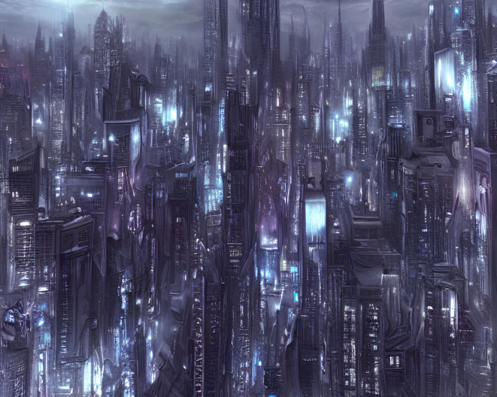 Futuristic cityscape at night with blue and purple lights