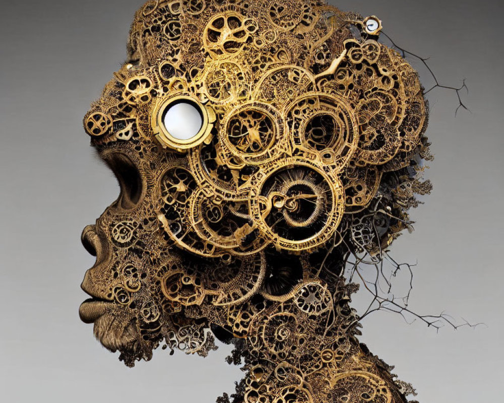 Steampunk-themed head profile with mechanical gears and cogs.