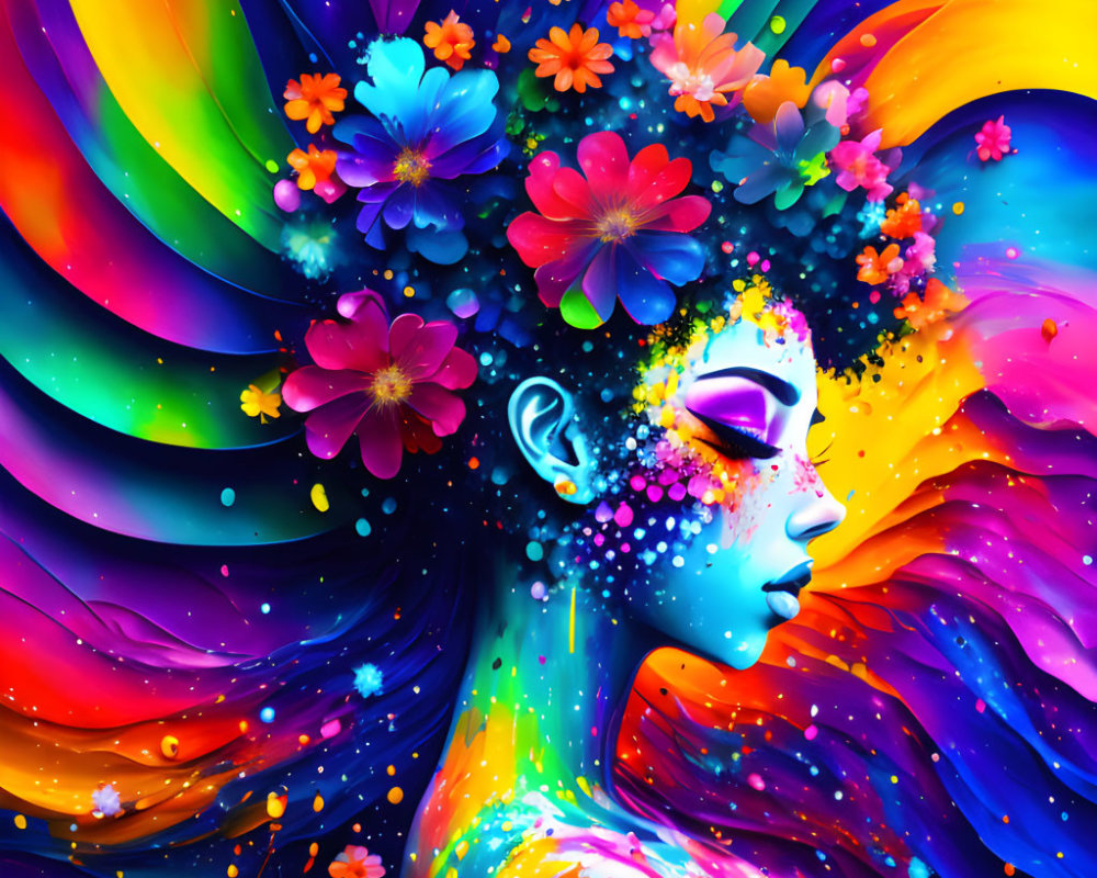 Colorful floral headpiece person illustration with rainbow background
