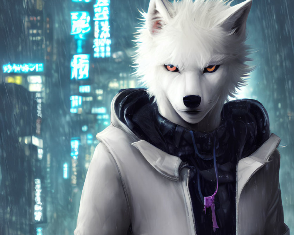 White wolf with orange eyes in black scarf and white jacket in rain against neon-lit city.