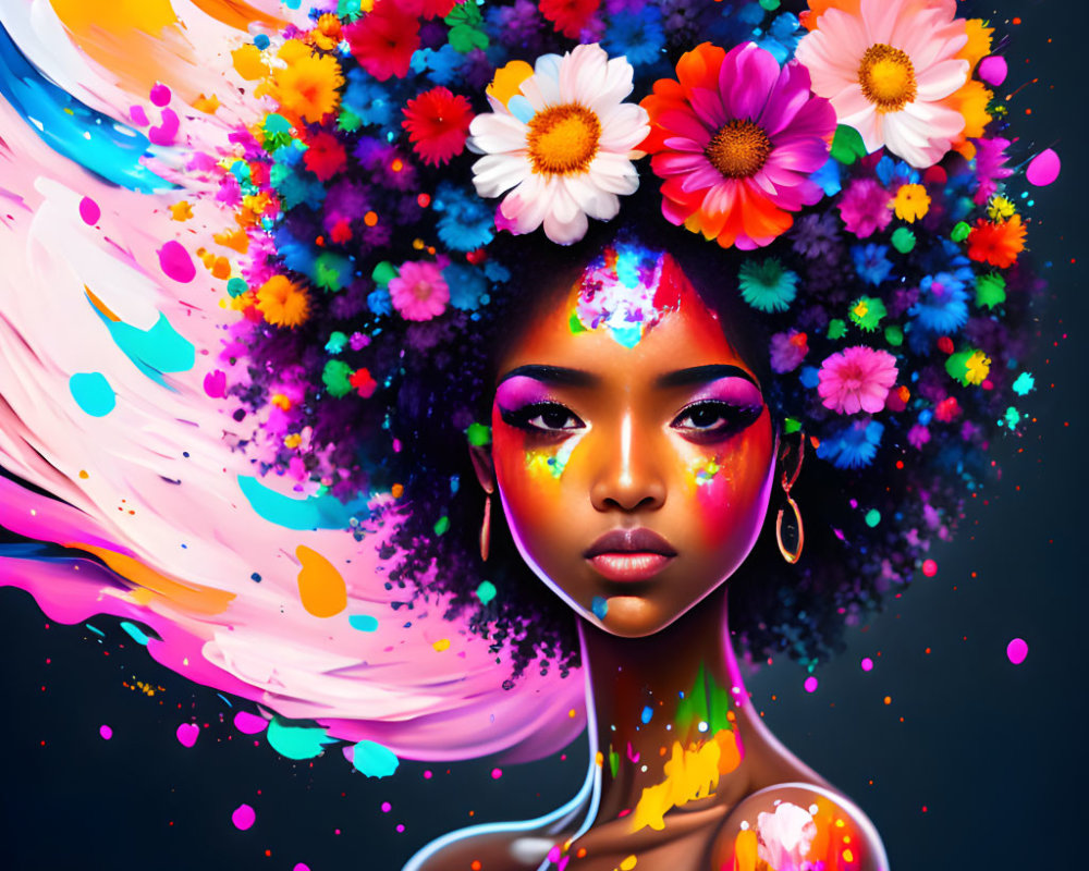 Colorful illustration of woman with flower-adorned afro and paint splashes