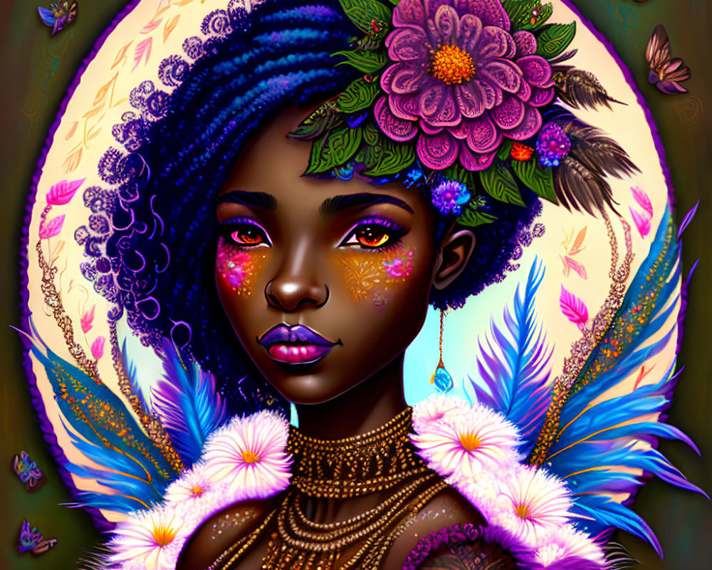 Colorful woman with floral headdress, face paint, necklace, and butterflies.