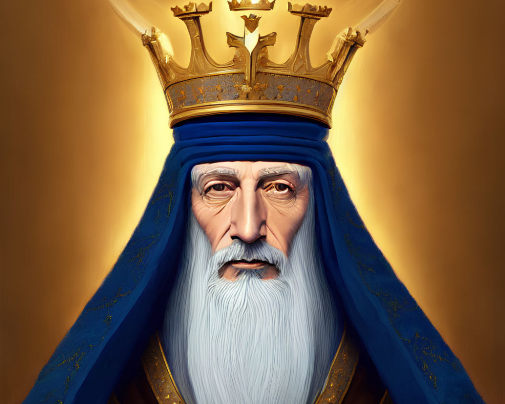 Regal figure with golden crown, white beard, piercing gaze, blue robe & stars.