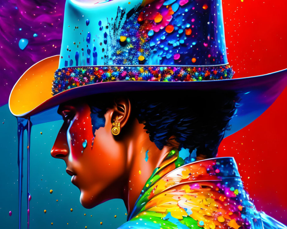 Colorful portrait of person in melting paint-dripping hat and suit