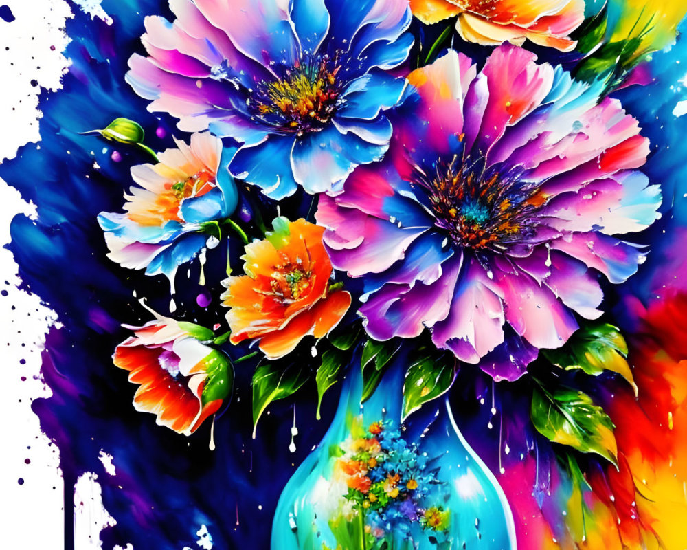 Colorful Flower Bouquet Painting in Blue Vase on Dark Background