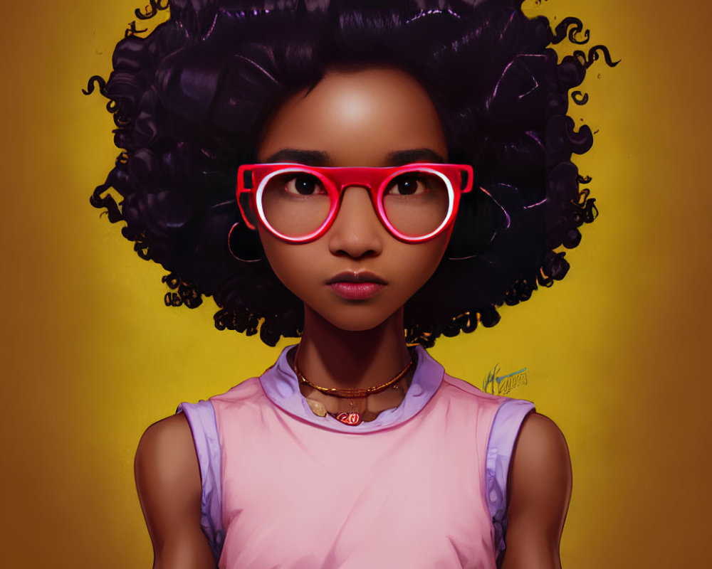 Girl with Voluminous Curly Hair and Red Glasses on Yellow Background