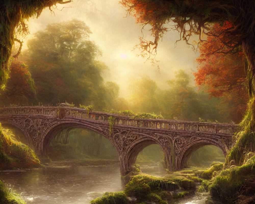 Ornate Stone Bridge Over Tranquil River in Autumn Forest
