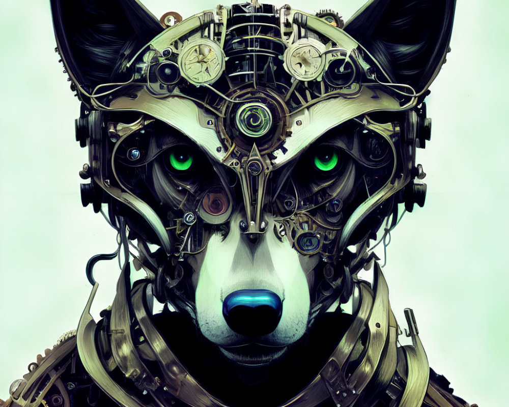 Detailed steampunk mechanical dog illustration with gears and green eyes