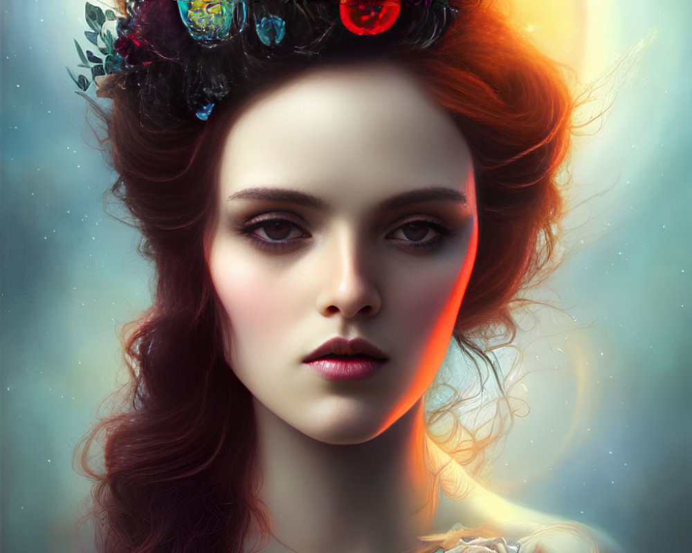 Digital painting of woman with floral crown in cosmic background