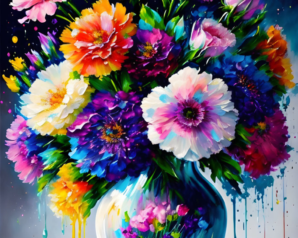 Multicolored flowers in clear vase on dark background with paint splatters