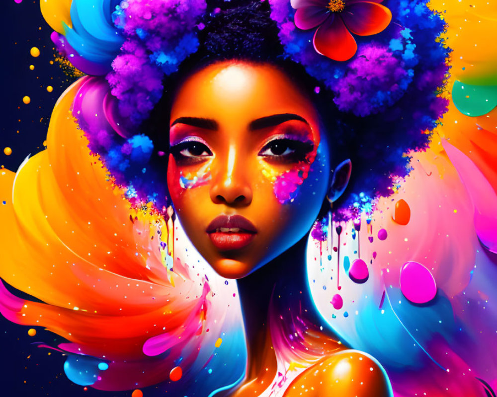 Colorful digital artwork: Woman with floral hair against dark backdrop