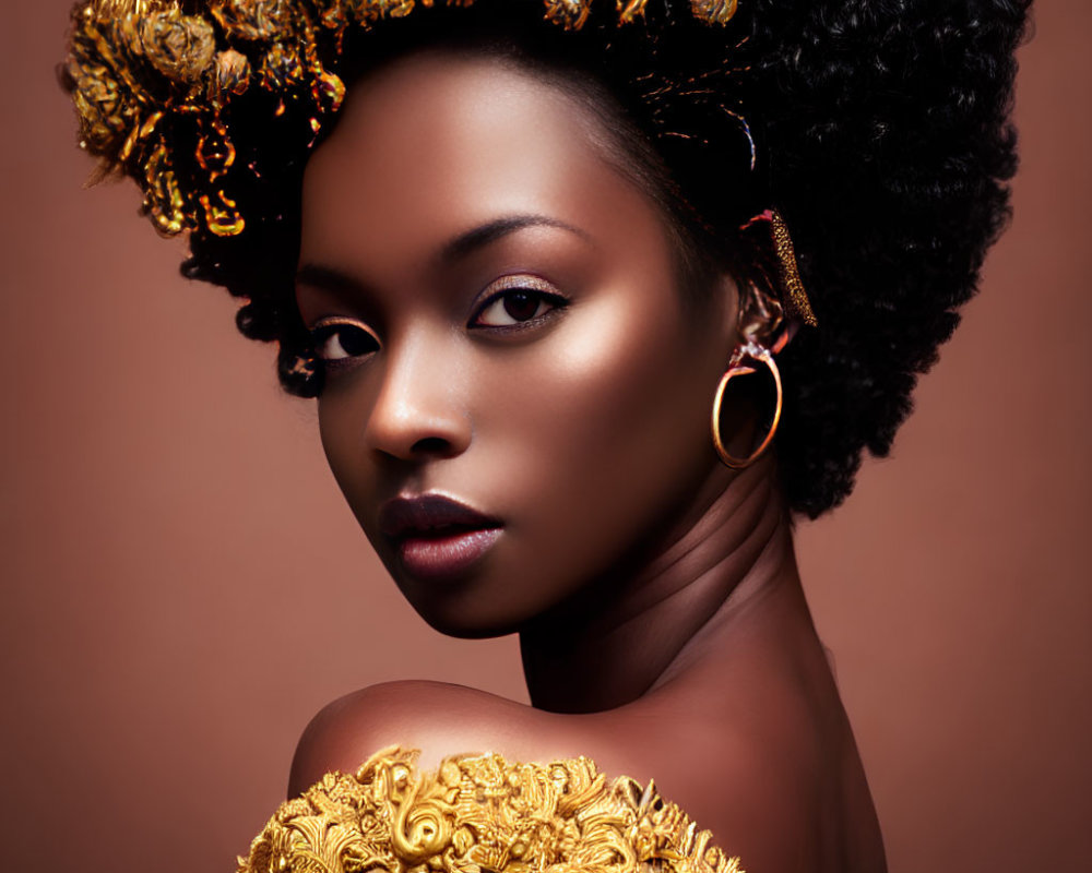 Golden headdress woman portrait on warm brown background symbolizes elegance