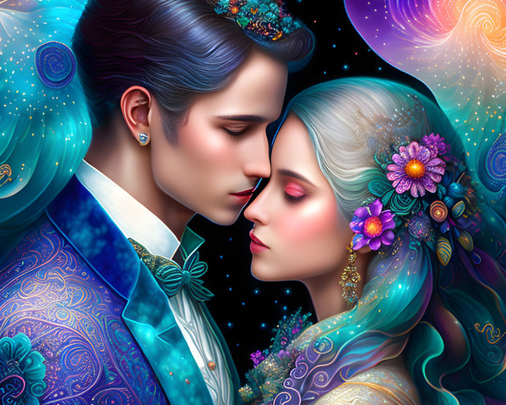 Illustrated portrait of couple in decorative attire embracing against cosmic backdrop.
