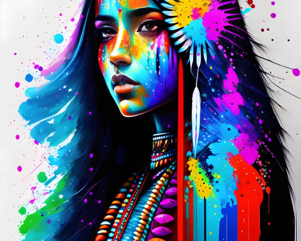 Colorful tribal paint splashes on woman's face and hair