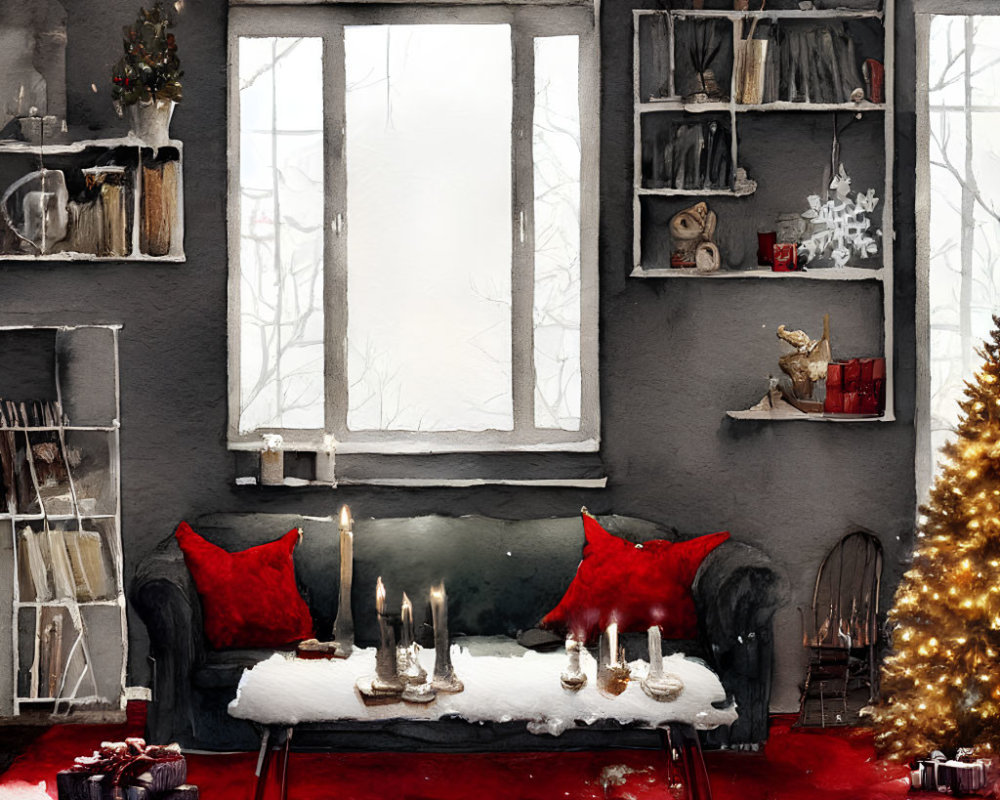 Winter interior with Christmas tree, candlelit table, red cushions, gifts, and snowy view.