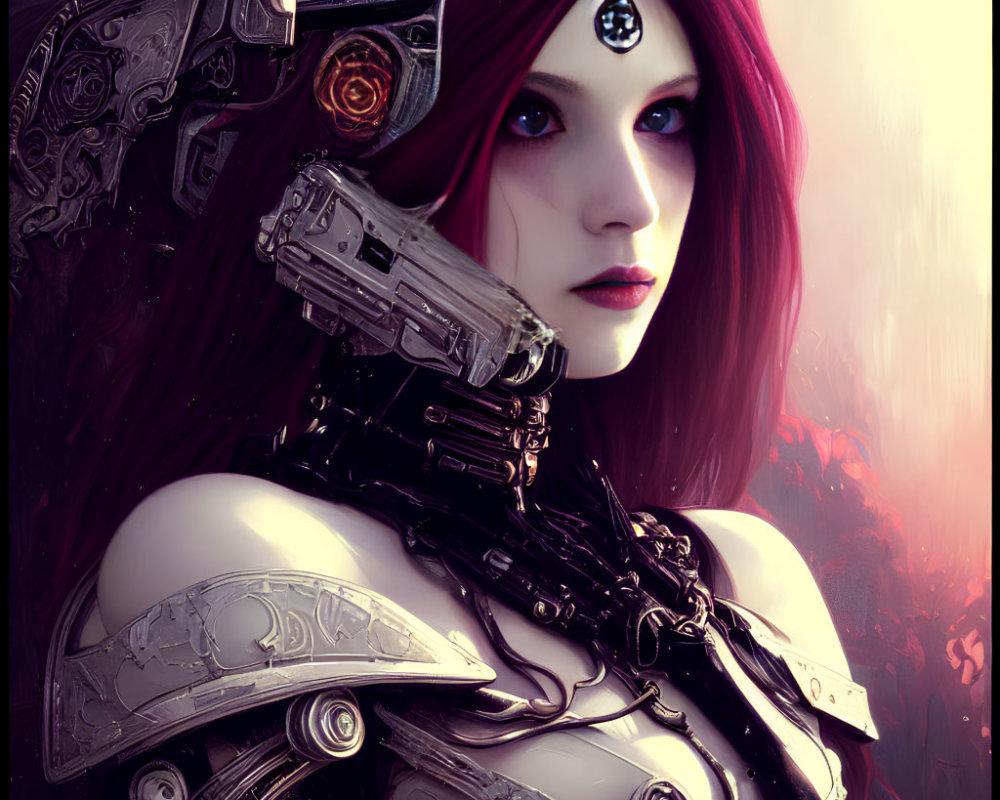 Female cyborg illustration with red hair, piercing eyes, mechanical parts, and gem.