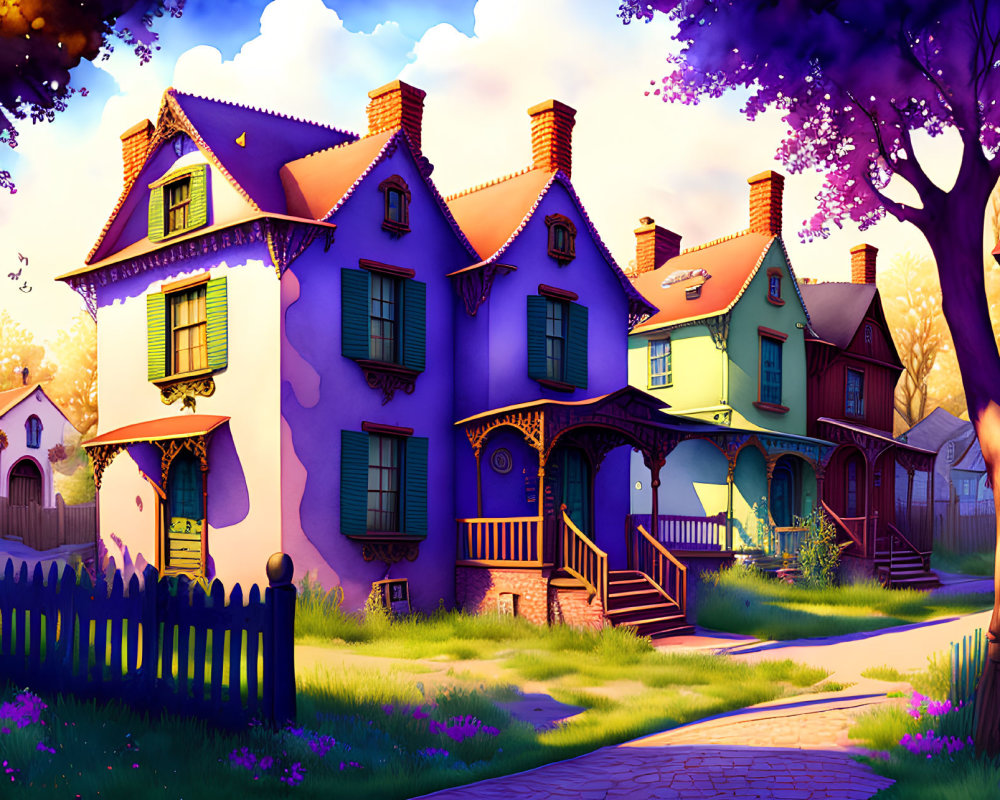 Purple Victorian House with Yellow Trim in Lush Sunset Setting