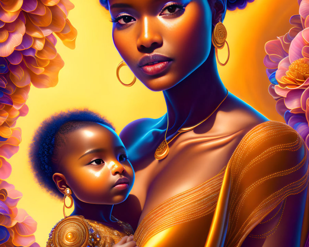 Warm-toned digital artwork featuring woman and child in golden attire with floral surroundings