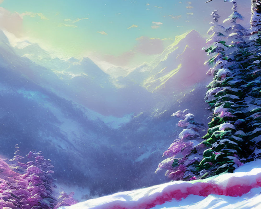Snow-covered winter landscape with pink flowering bushes and distant mountains under soft sunlight