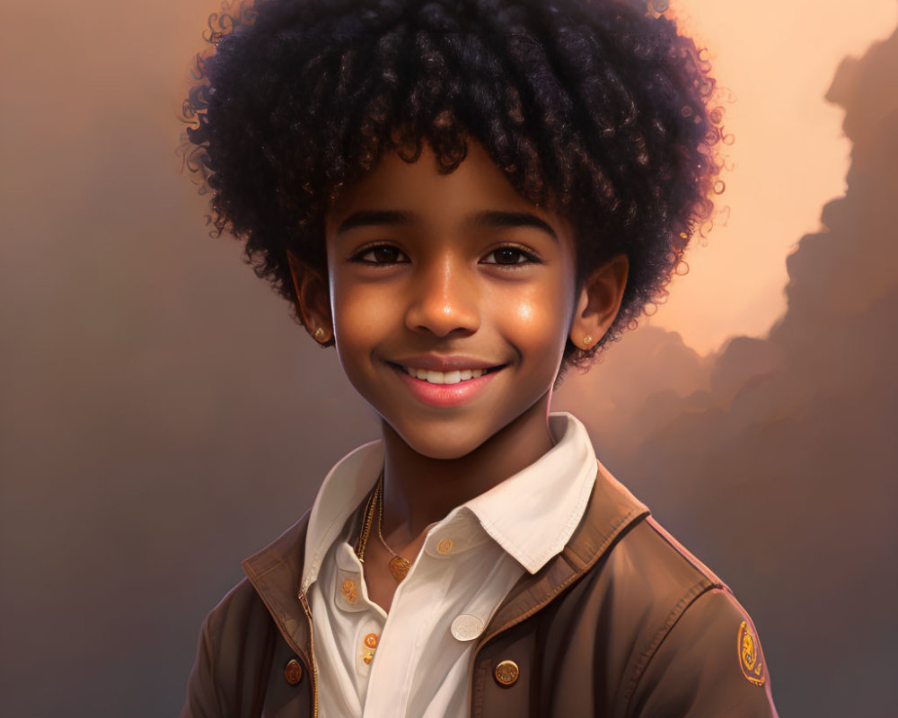 Smiling young child with curly hair in brown jacket portrait