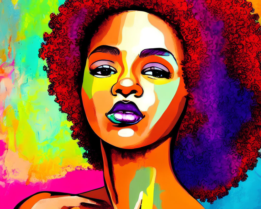 Vibrant digital portrait of woman with red afro & colorful background