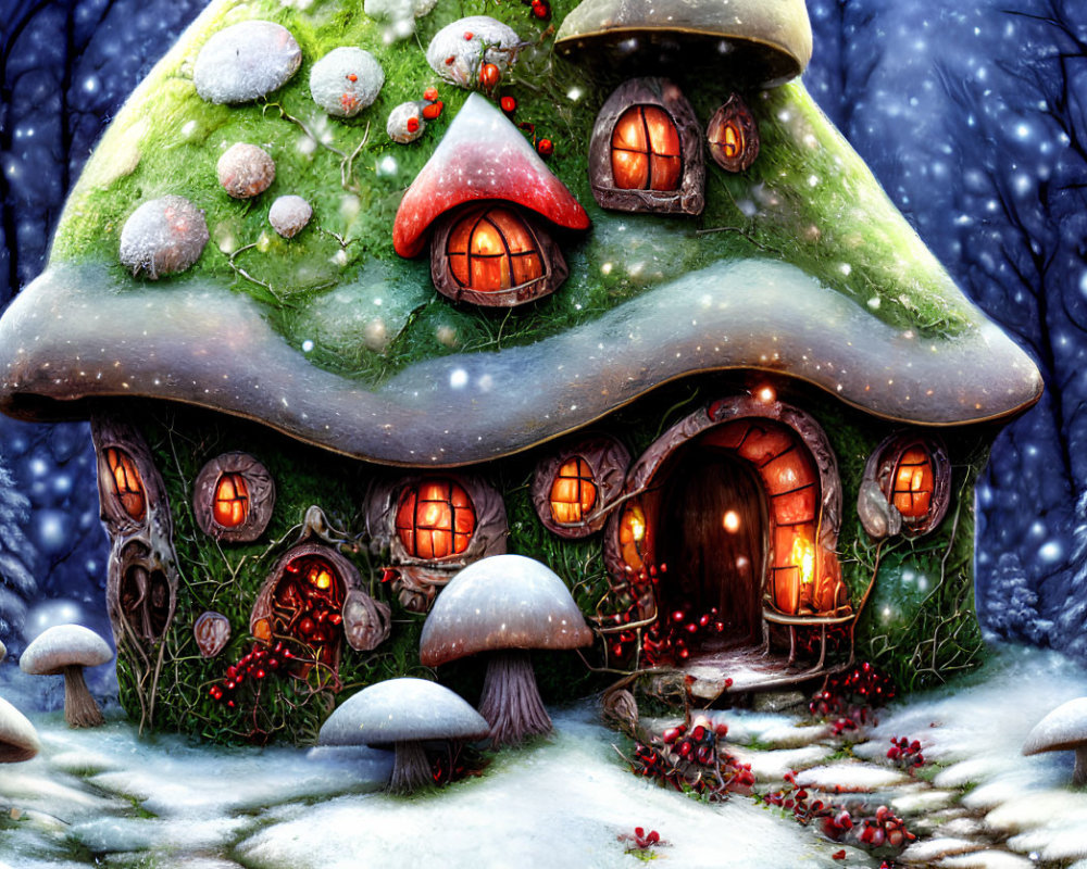 Whimsical illustration of cozy mushroom house in snowy forest