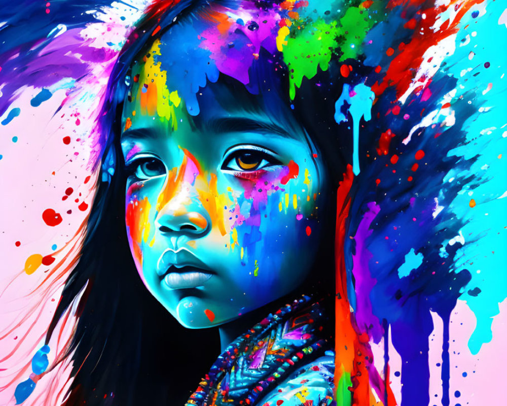 Colorful portrait of young girl with paint explosion blending into features