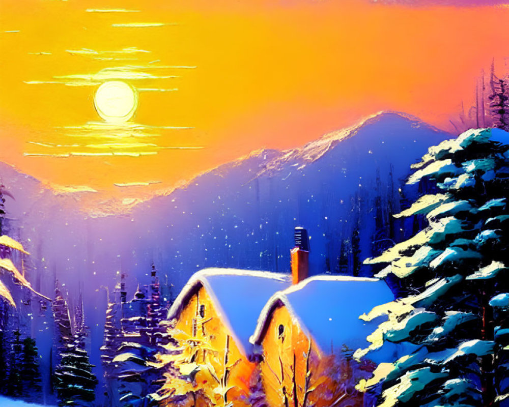 Snowy Landscape Painting: Sunset Cabin & Pine Trees