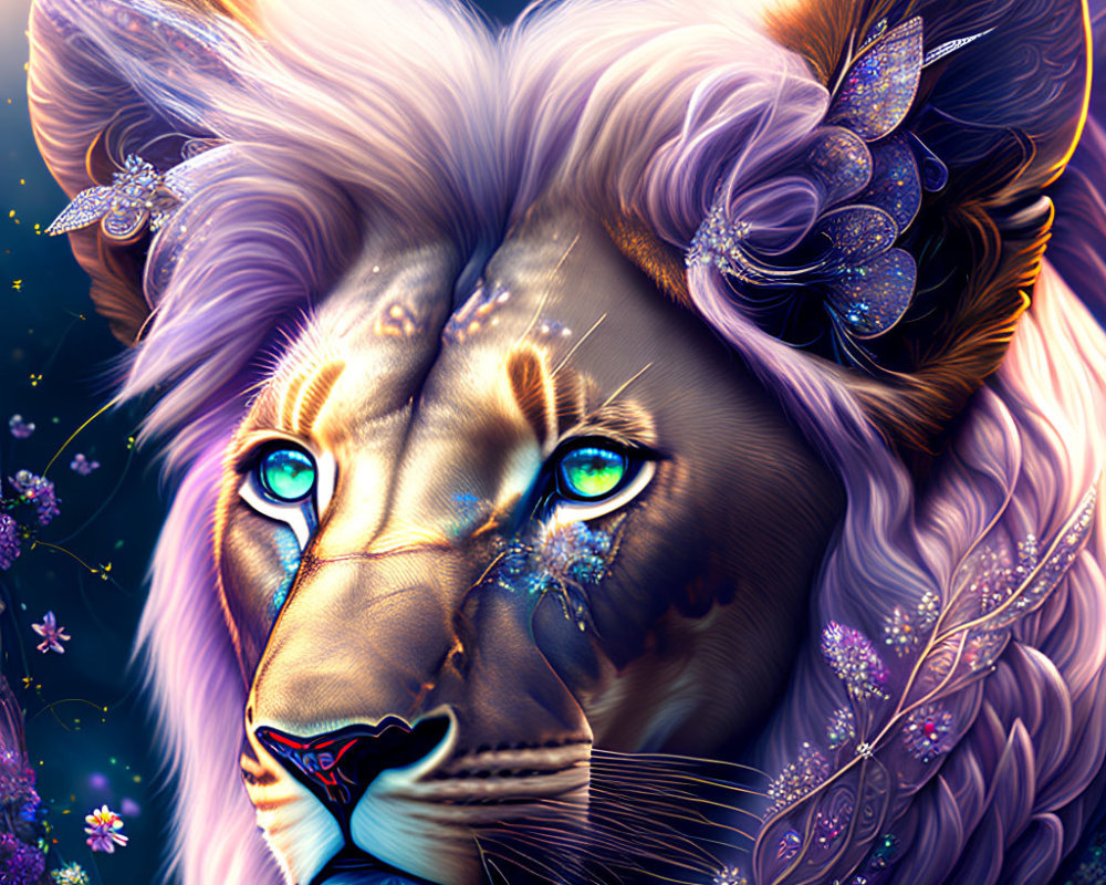Majestic lion with blue eyes, purple florals, butterflies on starry background