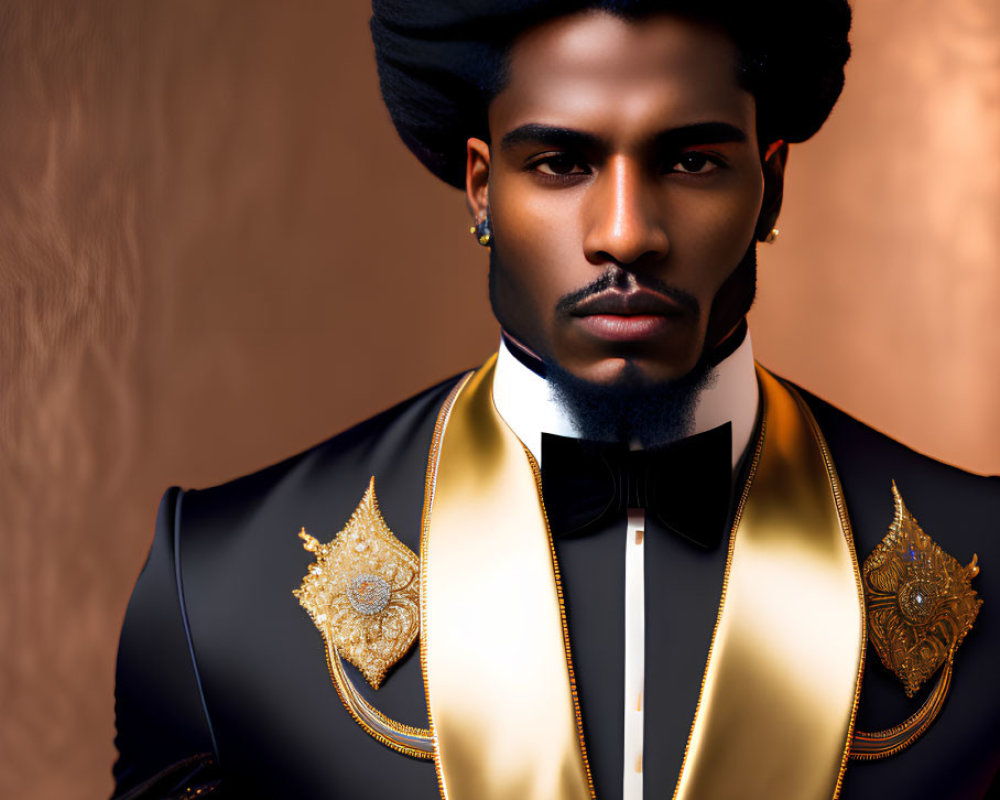 Prominent Afro Man in Black Suit with Gold Shoulder Embellishments