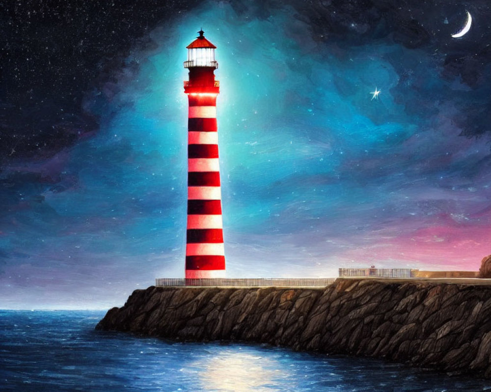 Red and White Striped Lighthouse Painting at Night with Crescent Moon
