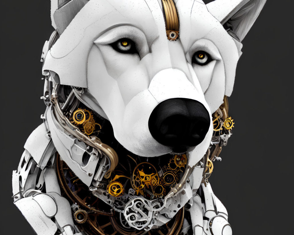 Detailed 3D illustration: White fur mechanical wolf with intricate robotic components.