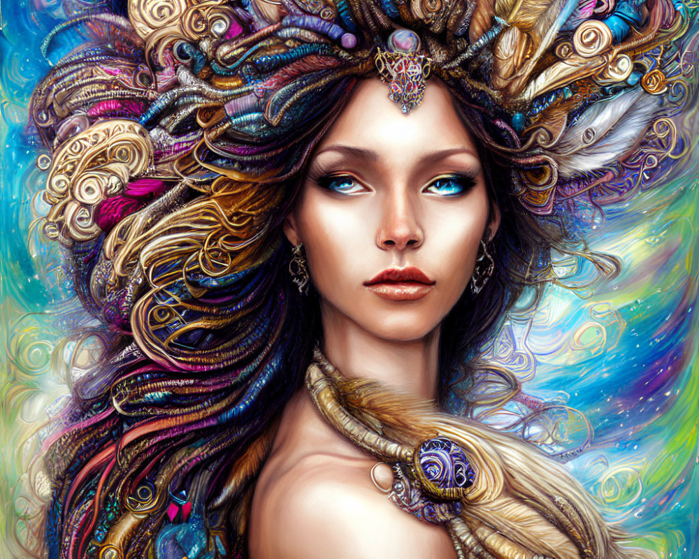 Colorful digital artwork: Woman with feather headdress & swirling background