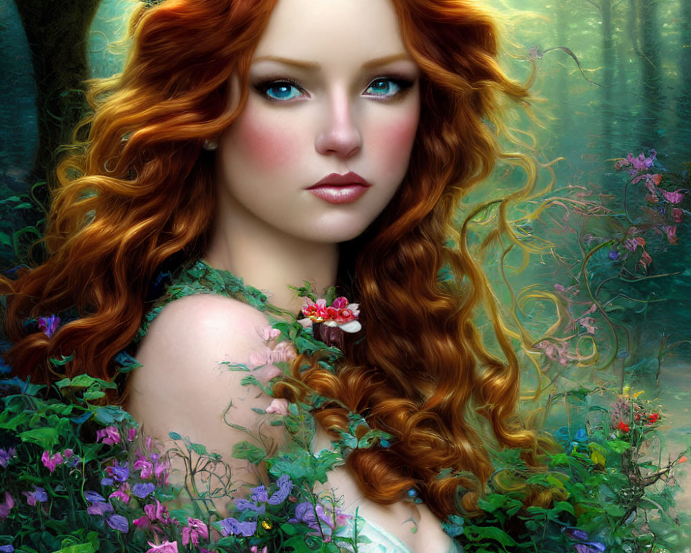 Digital artwork featuring woman with red hair in mystical forest