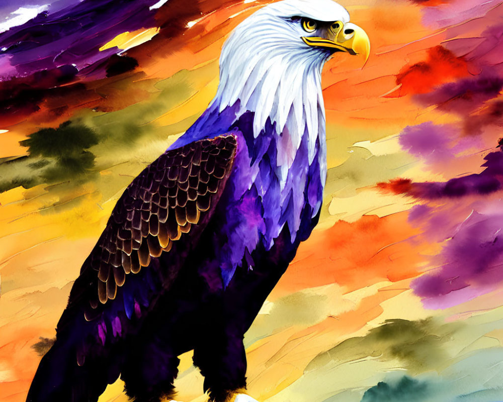 Majestic eagle illustration in vibrant plumage against colorful sky