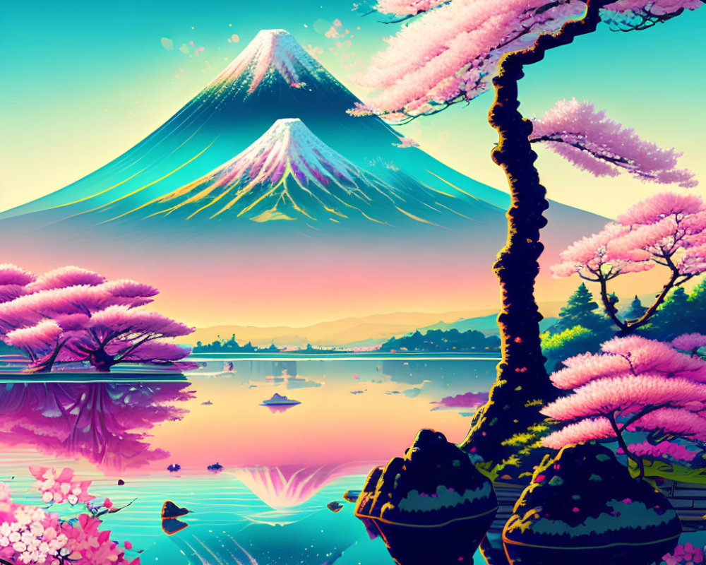 Digital artwork: Mount Fuji, cherry blossoms, colorful sky