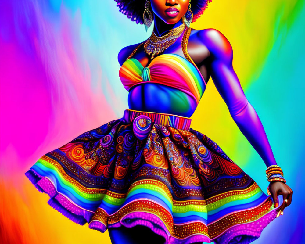 Colorful digital artwork of woman with blue bantu knots in vibrant dress