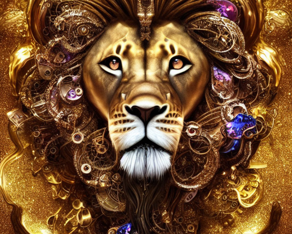 Golden maned lion with gears and jewels on clockwork background