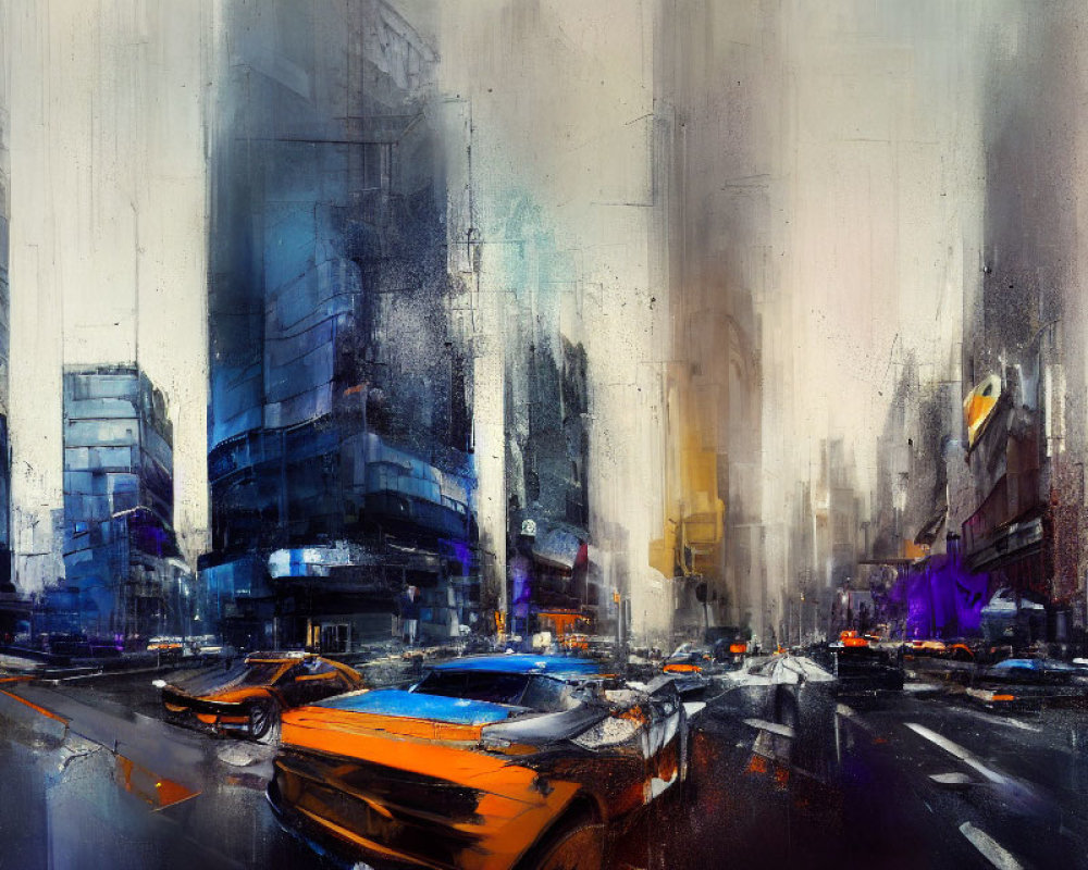 Blurred rain-soaked cityscape with vibrant yellow taxis