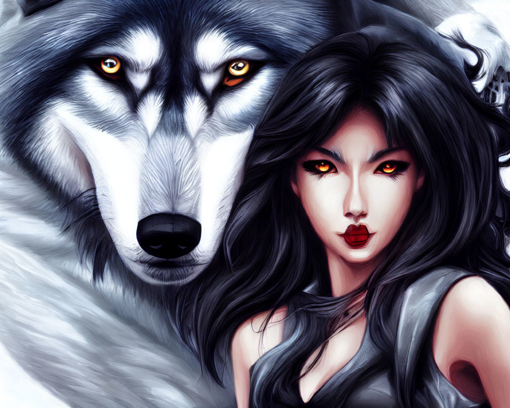 Digital artwork of mythical woman and intense-eyed wolf on white background