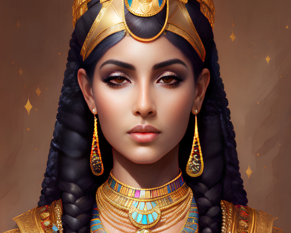 Digital portrait of woman in Ancient Egyptian headdress and gold jewelry