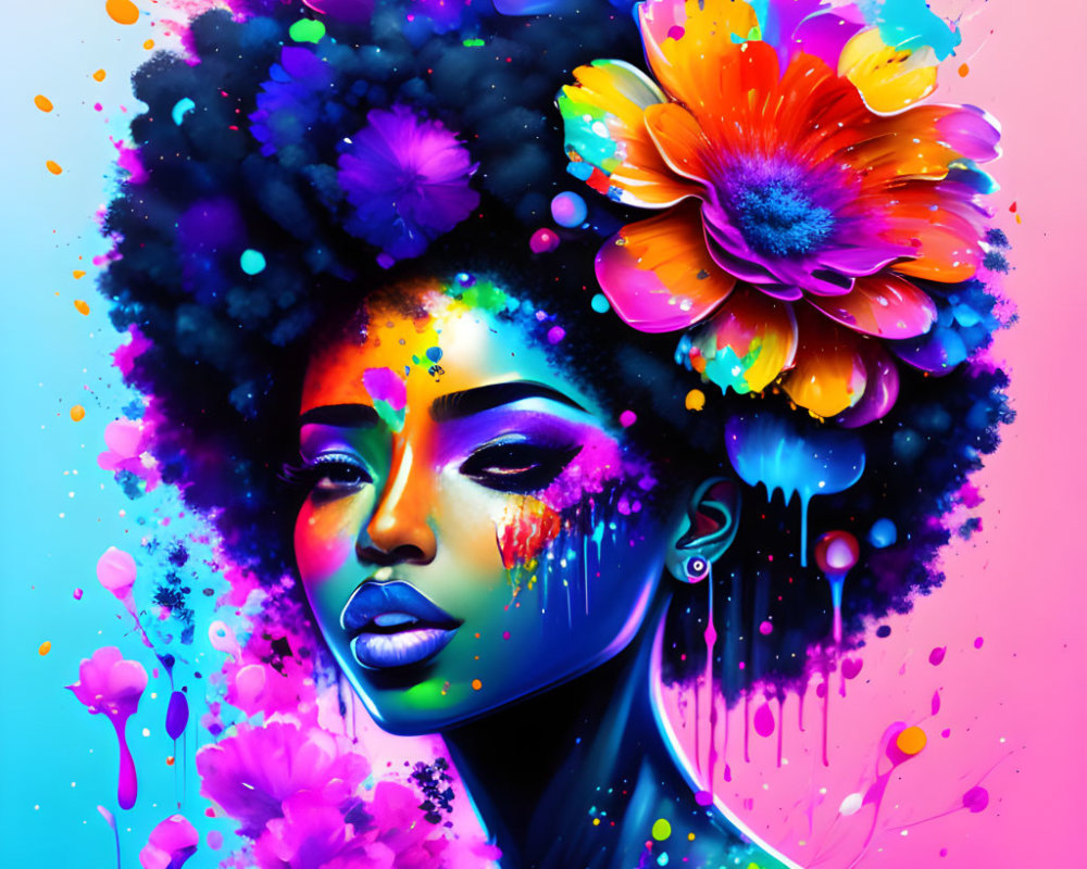 Colorful digital artwork: Woman with afro and floral adornments in vibrant display