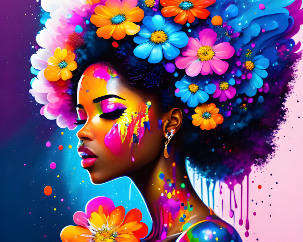 Colorful digital artwork of woman with paint strokes and floral hair decoration